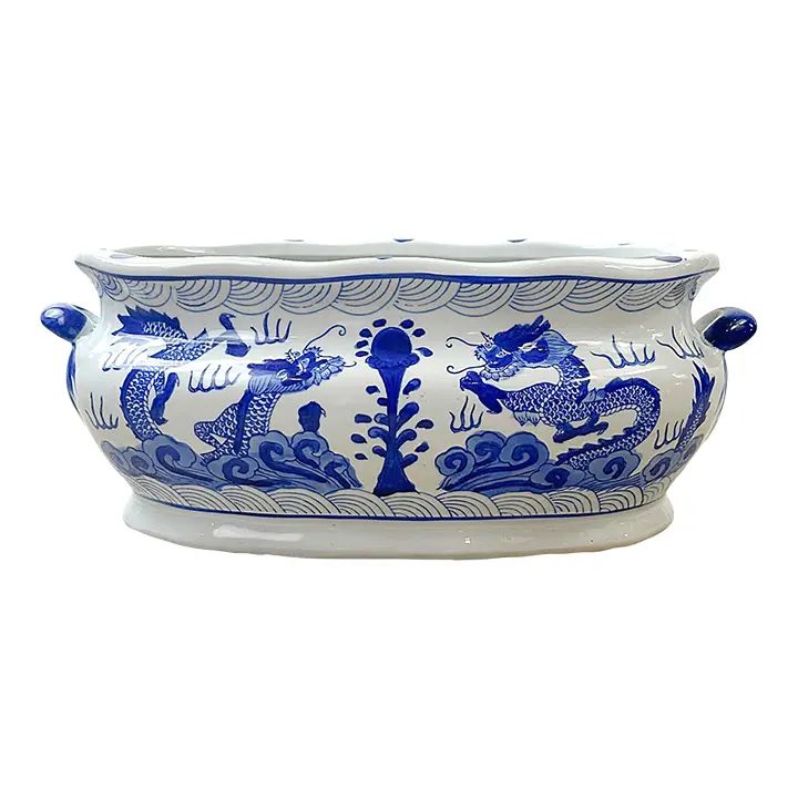 Late 20th Century Blue & White Chinoiserie Oval Footbath /Jardiniere | Chairish