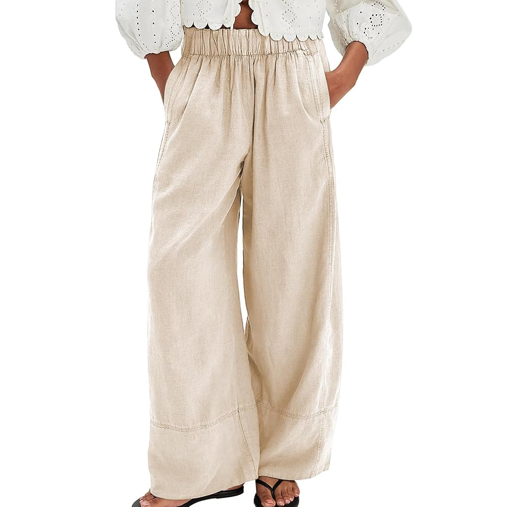 Linen Pants for Women Cotton Baggy Boho Casual Palazzo Pants Wide Leg Long Lounge Trousers with P... | Amazon (US)