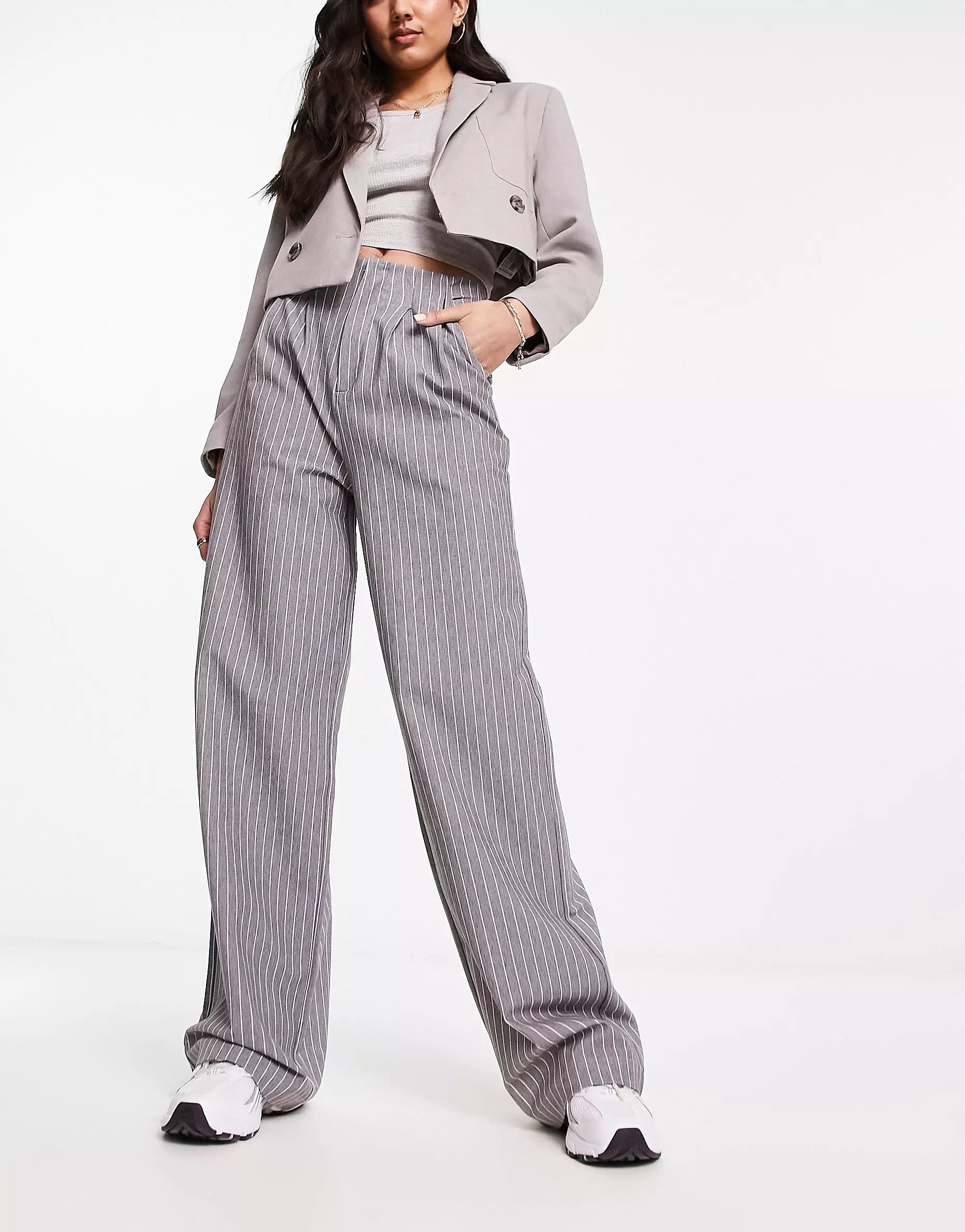 ASOS DESIGN premium stretch tailored pants in gray pinstripe | ASOS (Global)