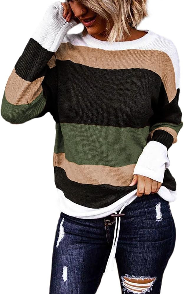Dokotoo Fall Sweaters Round Neck Striped Cute Winter Pullover Sweaters for Women Trendy 2024 Draw... | Amazon (CA)