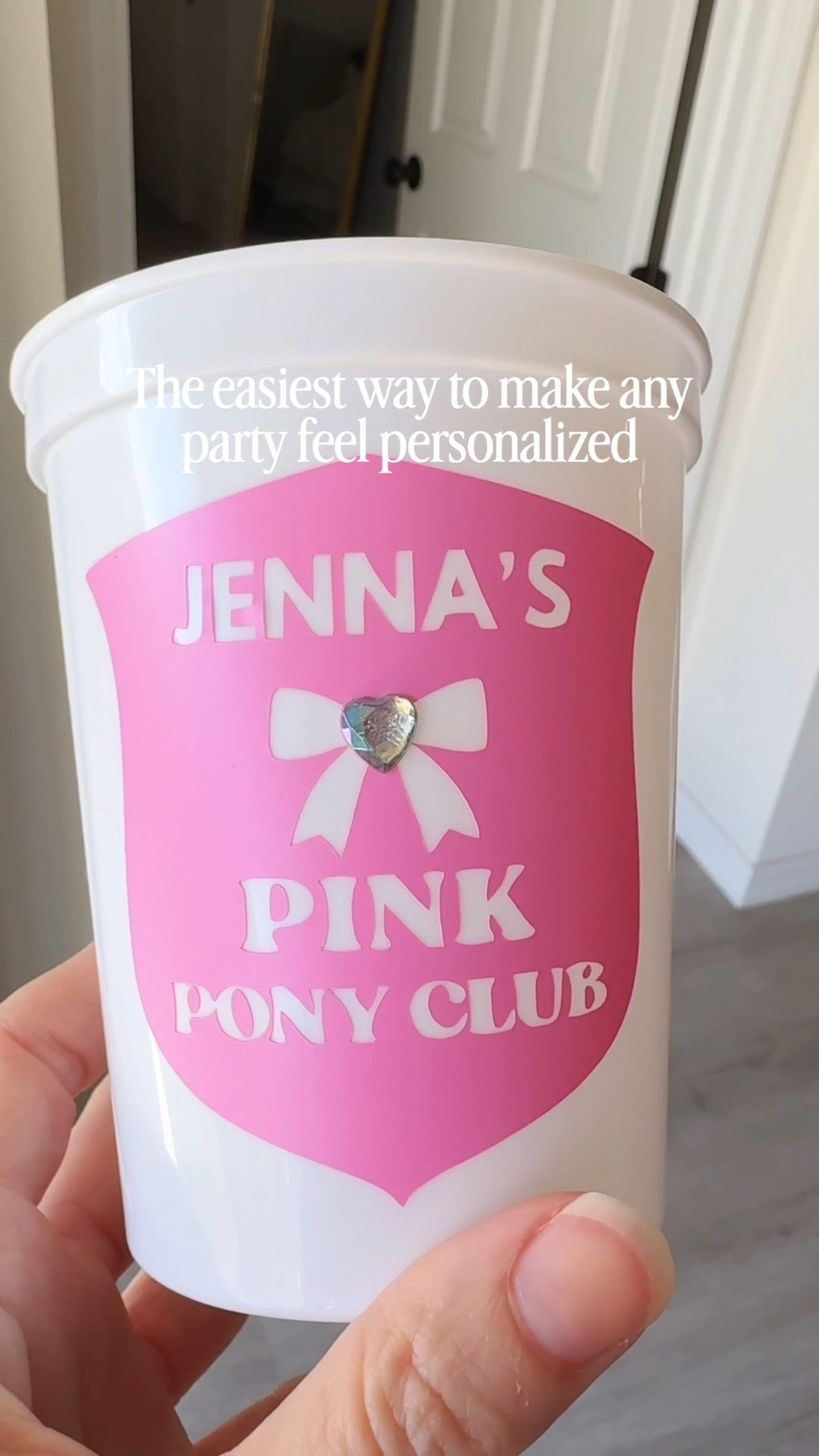 Easy custom party cups! Stadium cups, pink vinyl cut with my cricut and the cutest heart gems 💖