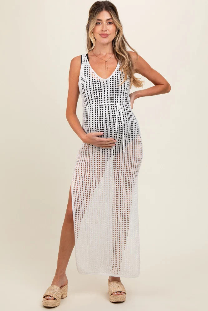 White Crochet V-Neck Side Slit Maternity Cover Up | PinkBlush Maternity