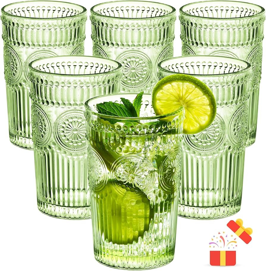 Vintage Drinking Glasses Set - 12 Oz Romantic Embossed Glassware - Premium Glass Cocktail Cups fo... | Amazon (US)