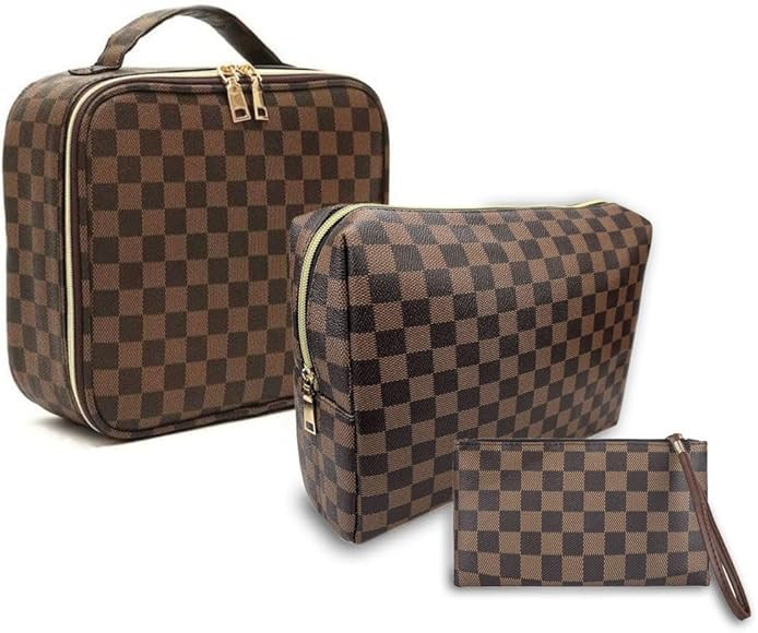 Makeup Bag,3 Pcs Brown Checkered Bags Set,Portable Makeup Bag with Adjustable Partition,Large Cap... | Amazon (US)