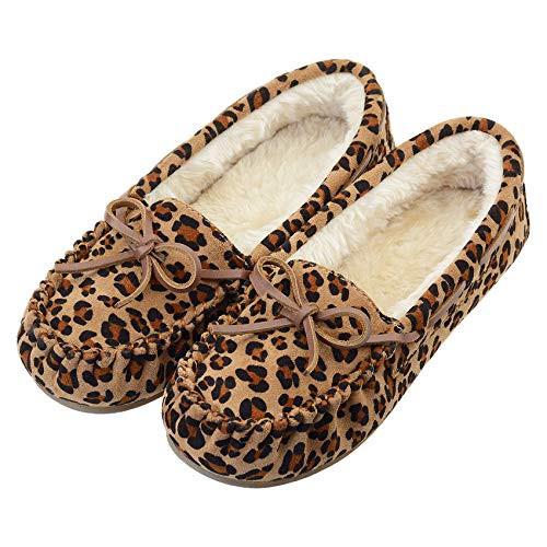 Vonair Women's Moccasin Slippers Micro Suede Warm Faux Fur Pile Lined Lace-Up Bow Cozy Indoor & Outdoor Moccasins Slip On Loafers Shoes for Women Leopard US 10 | Amazon (US)