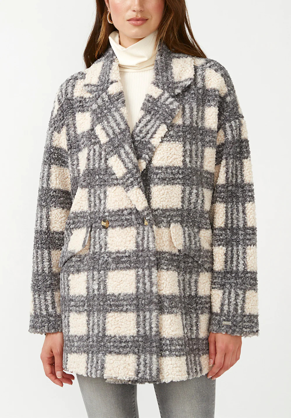 Aurelie Blue Cream Plaid Women's Oversized Car Coat - JK0009F | Buffalo David Bitton
