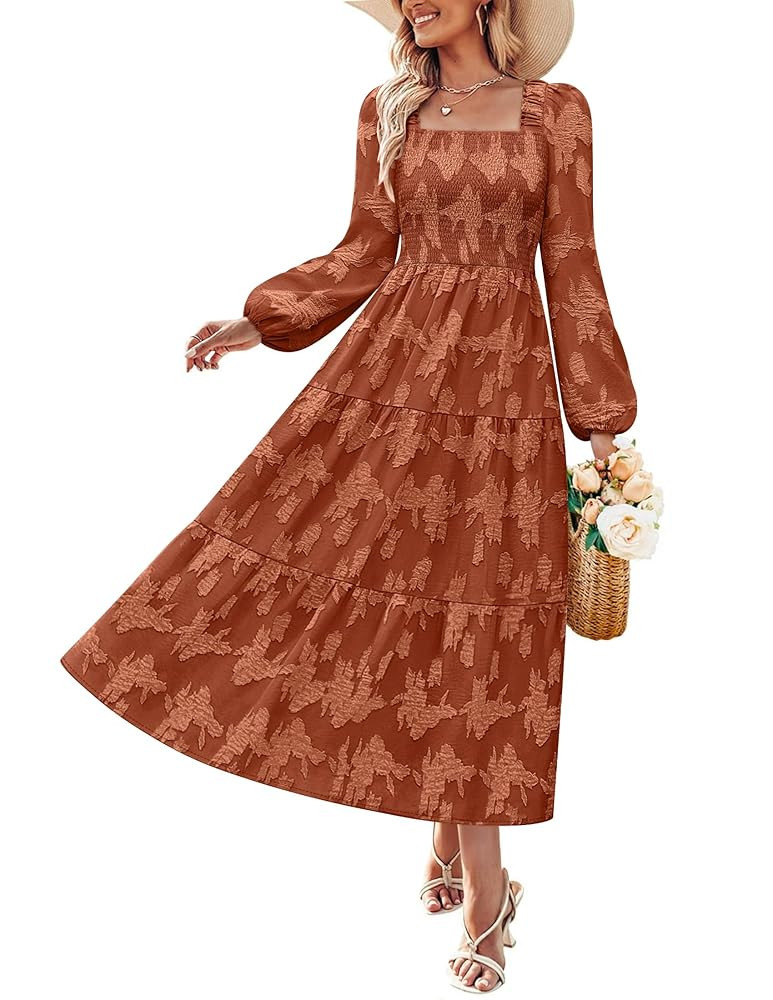 ZESICA Women's 2025 Fall Floral Midi Dress Long Sleeve Smocked Flowy Long Wedding Guest Vacation ... | Amazon (US)