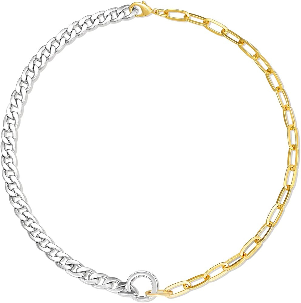 Youggle Silver Gold Chain Necklace: Trendy 18in Two-Tone 14K Yellow White Gold Plated Stainless S... | Amazon (US)