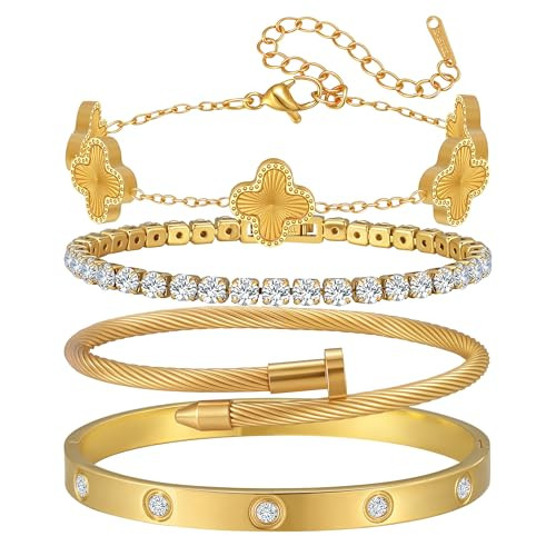 Amazon.com: Jzrow 18K Gold Plated Bangle Bracelets Stack for Women,Four Leaf Clover Stackable Bra... | Amazon (US)