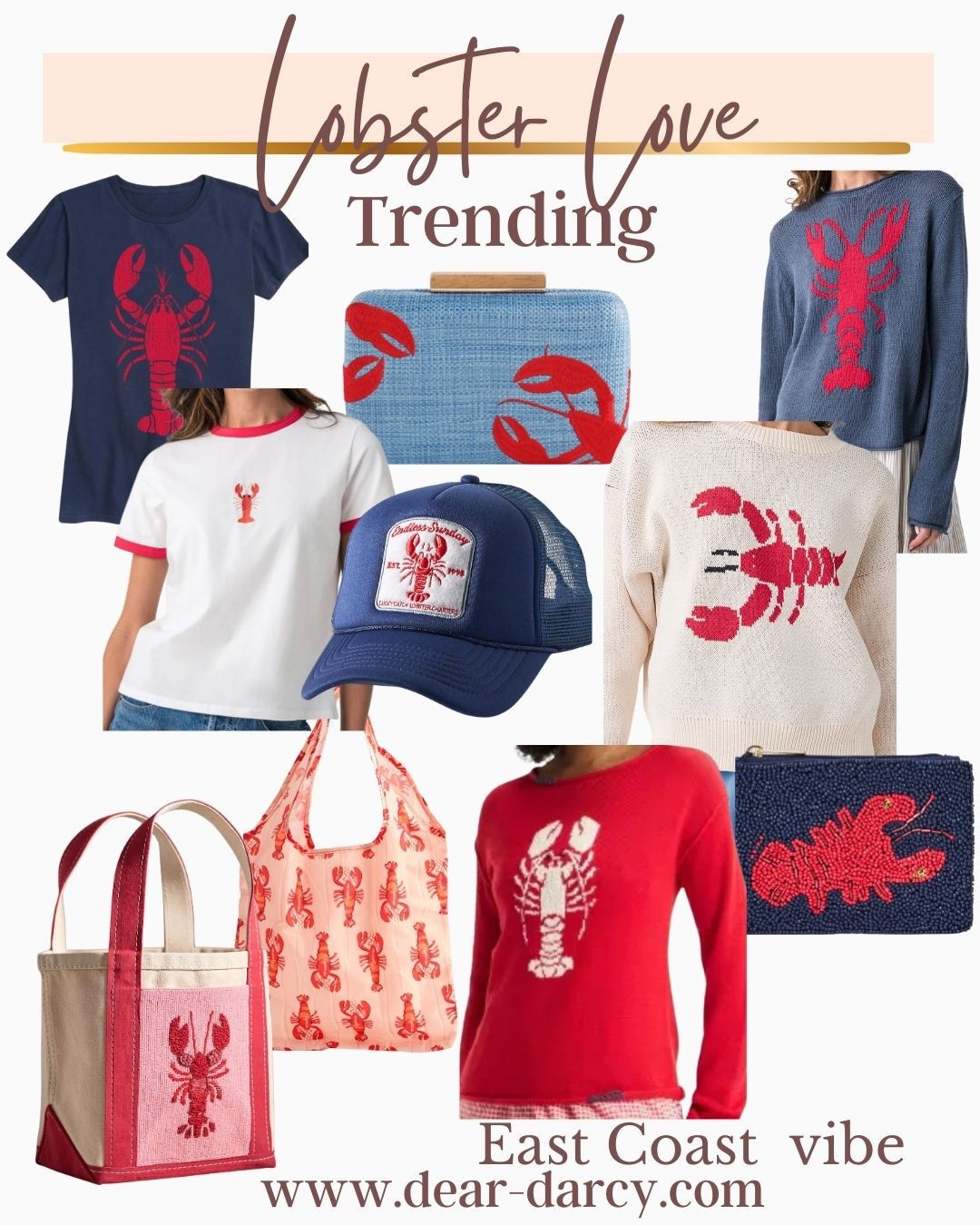 Lobster loving

Do you love the East cost Costal vibe?
Nantucket, Main, Martha’s Vineyard?

These pieces will give you the vibe🦞🌊

Lobster tees, sweaters, baseball cap, totes, clutch, coin bag 

Starting at $10 and up