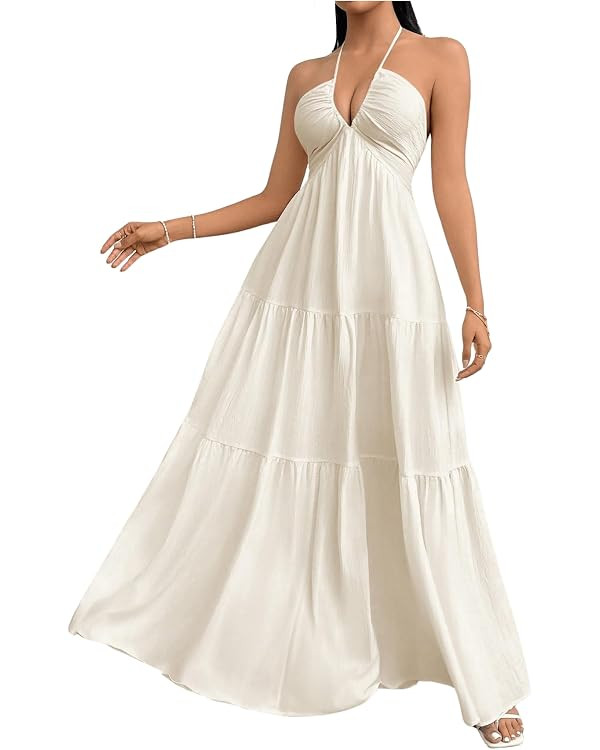 SHENHE Women's Deep V Neck Tie Knot Backless Halter Dress A Line Flowy Ruffle Maxi Dress | Amazon (US)