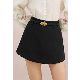Golden Buckle Belt Side Pockets Mini Skorts in Black for Vacation & Chic Weekends | Chicwish