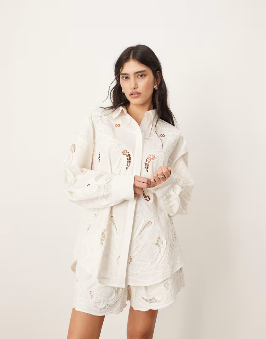 ARRANGE cotton mirrored floral embroidered cutwork shirt co-ord in white | ASOS (Global)