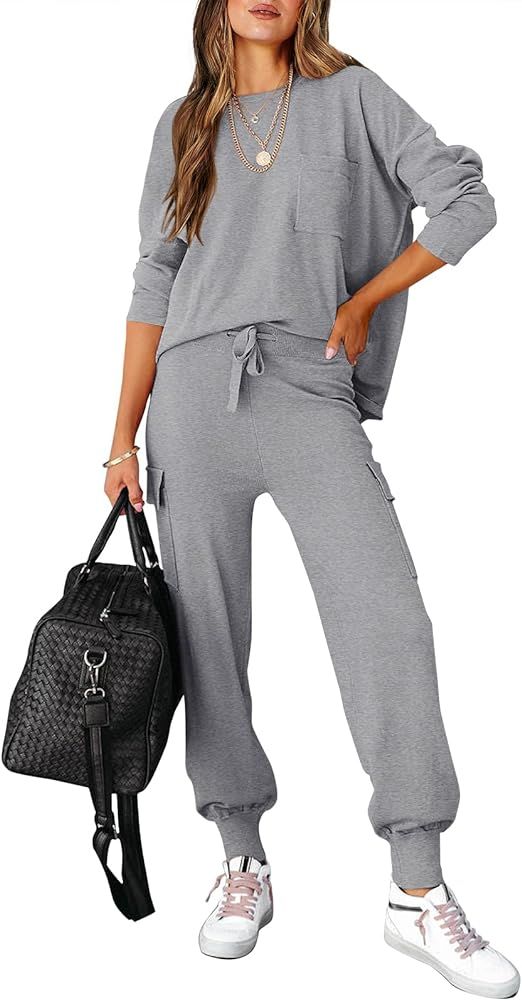 Caracilia Women's Two Piece Outfits Sweater Sets Long Sleeve Knit Pullover Tops and Cargo Jogger Pants Lounge Sets | Amazon (US)