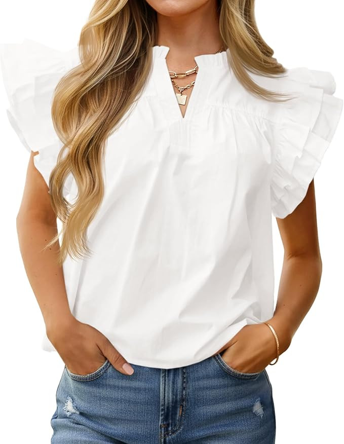 Cicy Bell Womens Ruffle Cap Sleeve Blouses V Neck Dressy Casual Tops Summer Sleeveless Cotton Shi... | Amazon (US)