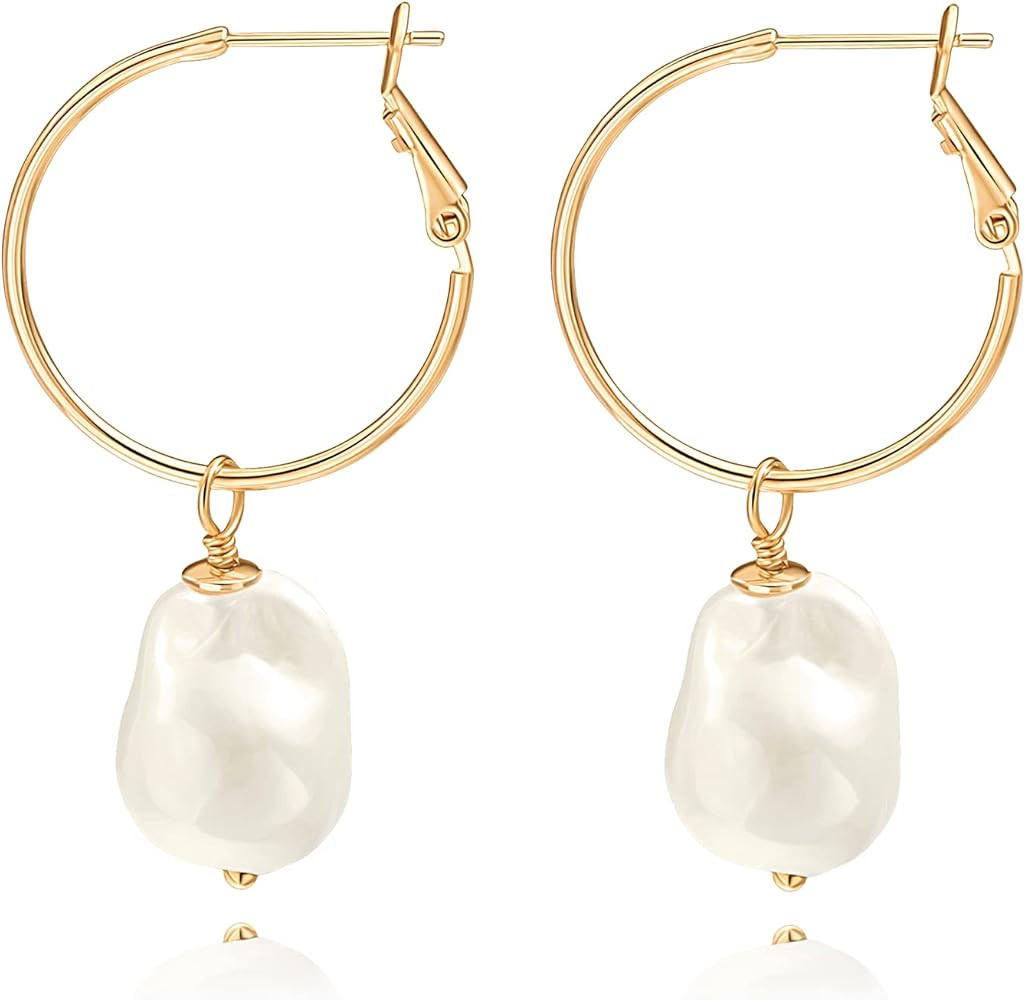 Gold Plated Huggie Hoop Earrings with Charms Fashion Pearl Drop Dangle Earrings for Women Handmad... | Amazon (US)