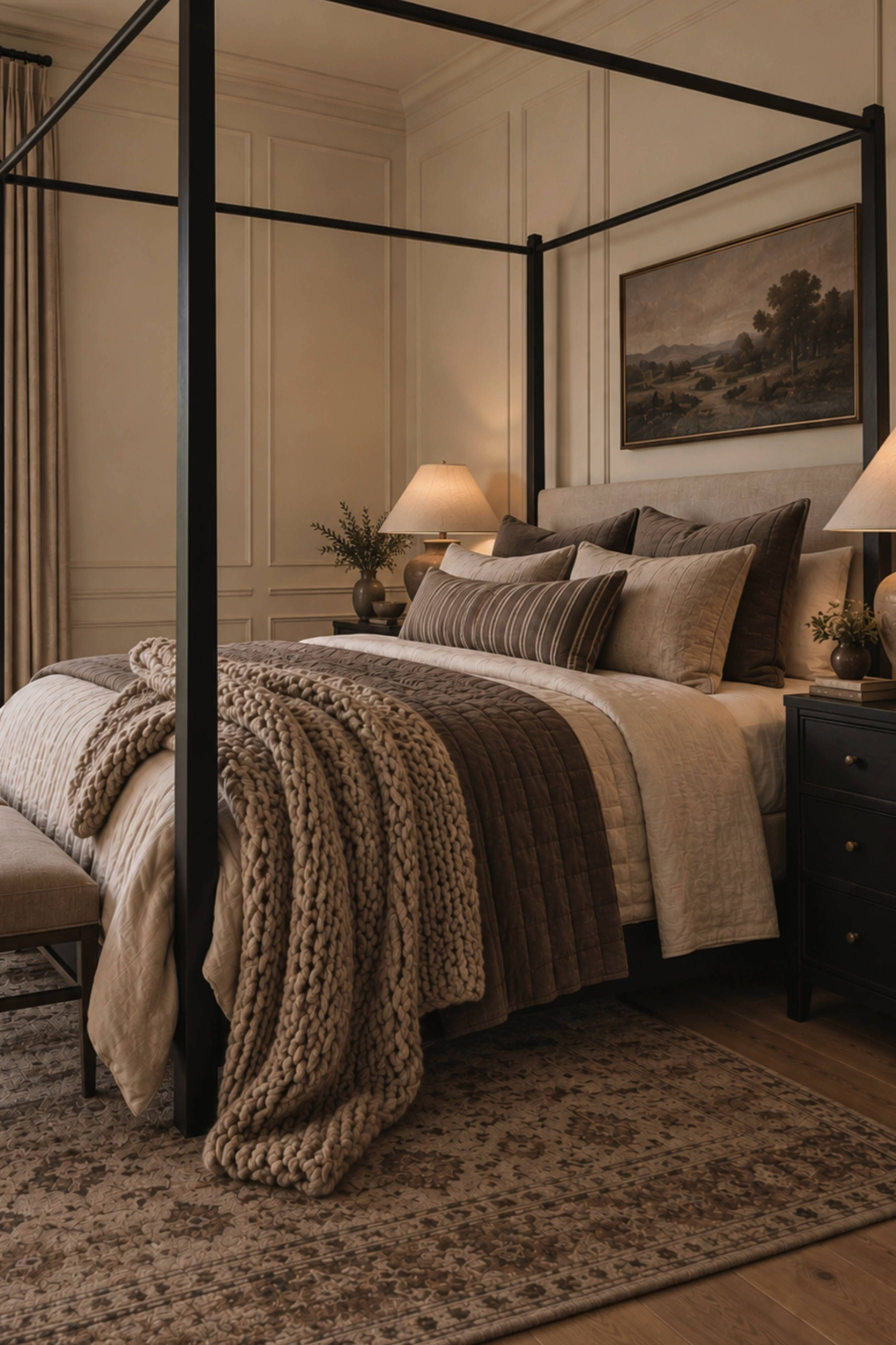 Warm Neutral Bedroom 🤎 This sophisticated bedroom layers timeless transitional style with cozy organic modern details for an elevated, collected look. A dramatic black four poster canopy bed anchors the space, while creamy quilted bedding, chocolate brown accents, oversized neutral pillows, a chunky knit throw, vintage-inspired landscape artwork, warm ceramic lamps, an arched floor mirror, and a muted patterned area rug bring softness and depth. Classic wall molding, woven shades, linen curtains, dark wood nightstands, and earthy neutral tones make this bedroom feel luxurious, warm, and inviting.

🖤 If you want to see more content like this, FOLLOW maeveandmodern on LTK, Instagram, and Pinterest! Check out our blog where we post daily, maeveandmodern.com!

Warm Neutral Bedroom | Cozy Bedroom Ideas | Transitional Bedroom | Organic Modern Bedroom | Four Poster Bed | Black Canopy Bed | Canopy Bed Ideas | Luxury Bedroom Inspiration | Neutral Bedding | Brown Bedroom Decor | Chocolate Brown Decor | Cream Bedding | Layered Bedding | Chunky Knit Throw | Neutral Throw Pillows | Bedroom Rug Ideas | Vintage Inspired Rug | Landscape Wall Art | Bedroom Wall Molding | Picture Frame Molding | Arched Floor Mirror | Linen Curtains | Woven Shades | Dark Wood Nightstands | Ceramic Table Lamps | Earth Tone Bedroom | Traditional Bedroom Decor | Modern Traditional Style | Collected Interiors | Cozy Home Inspiration

#LTKHome #LTKSaleAlert #LTKSeasonal