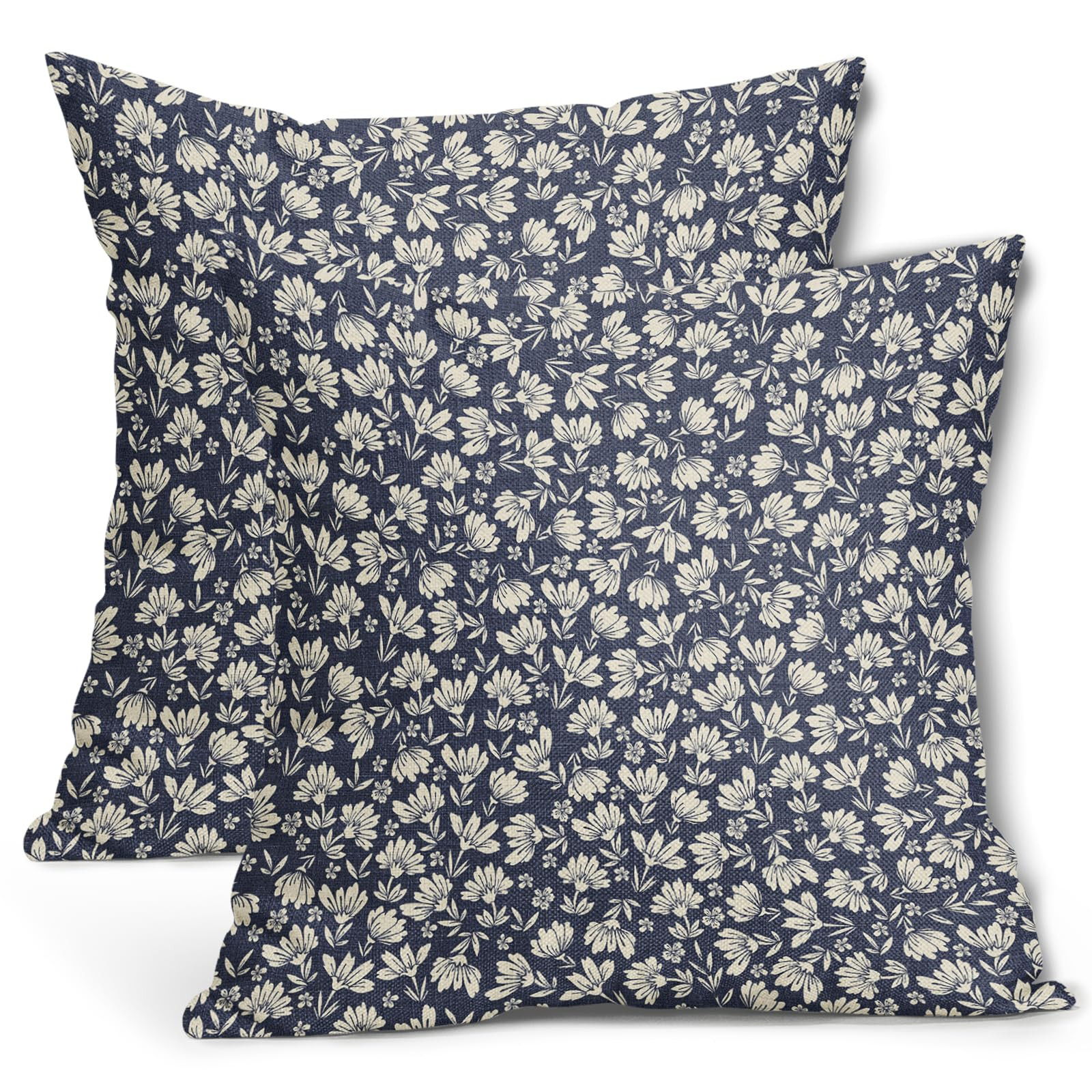Navy Blue Beige Daisy Floral Pillow Covers 20X20 Inch Vintage Flowers Decorative Pillow Cases Set... | Amazon (US)