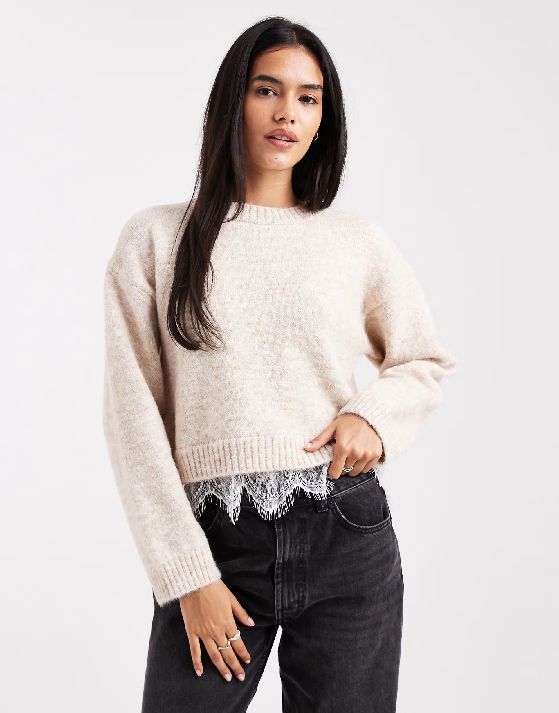 Miss Selfridge knit jumper with lace hem in beige | ASOS | ASOS (Global)