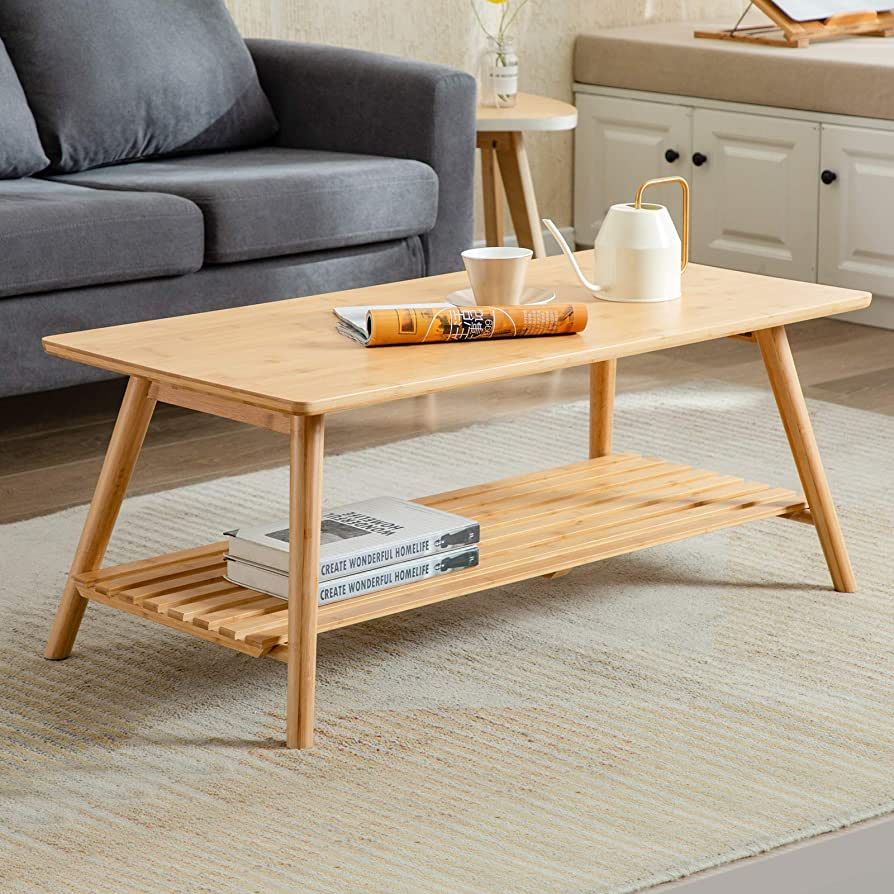 Nnewvante Coffee Table Foldable Bamboo Mid Century Desk TV Stand with Open Storage Shelf Center T... | Amazon (US)