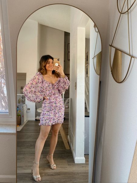 Loving this floral mini dress so much! The sleeves are so fun! It runs true to size. 
I’m wearing size small. 
These gold sandals are a must-have for spring and summer! 

#LTKSeasonal #LTKshoecrush #LTKunder100