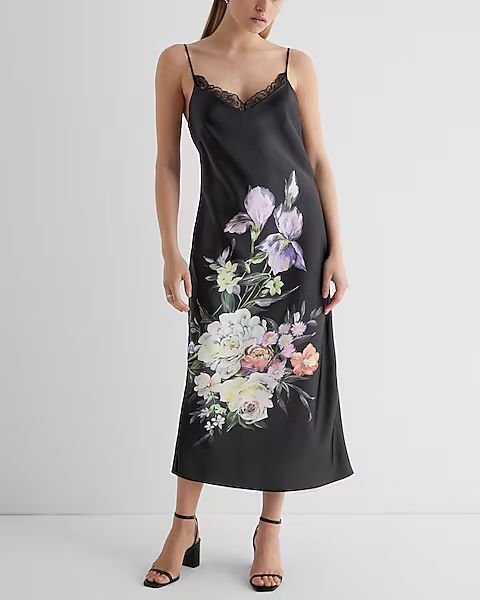 Satin Floral Lace Trimmed Midi Slip Dress | Express