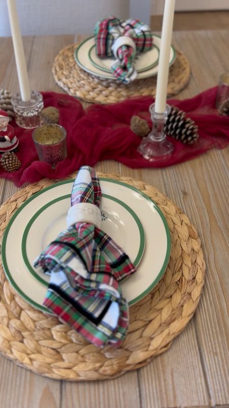 Holiday place setting and farmhouse dining room table decor for Christmas. 

The traditional Spode Christmas plates and Christmas mug are on sale at Macy’s right now, Juliska red tartan plaid dinner napkin, red cheesecloth table runner, the cutest Santa salt and pepper shakers, Christmas farmhouse table, woven natural place mat, white tapered candlesticks. 

#LTKHoliday #LTKhome #LTKSeasonal