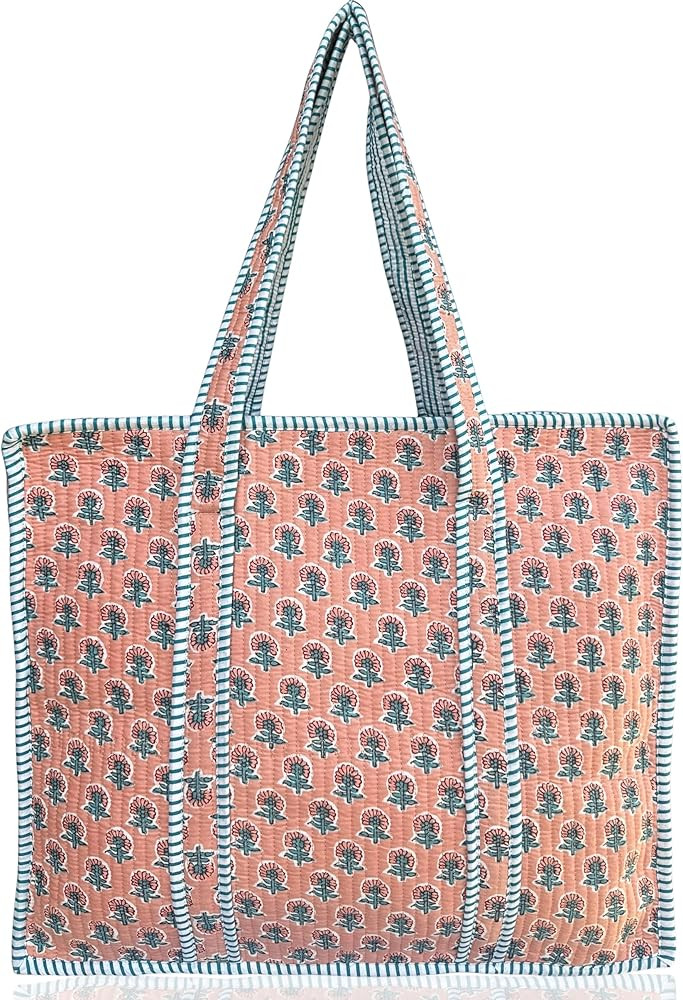 100% Cotton Quilted Tote Bag 18x16– Large Zipper Beach Bag & Travel Bag Green Purse Reusable Gr... | Amazon (US)