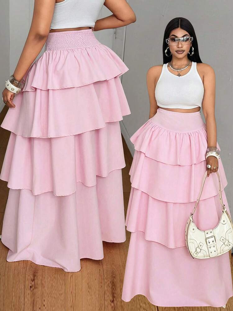 Maweii Plus Size Women's High Waist Layered Ruffle Hem Skirt, Vacation Style | SHEIN