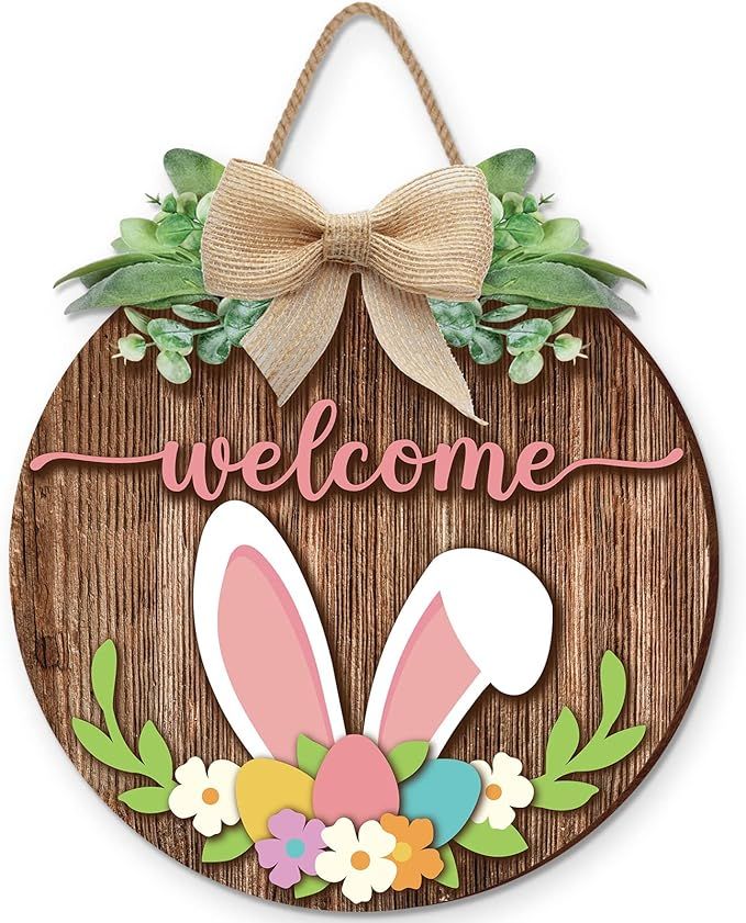 Easter Wooden Hanging Sign Bunny Rabbit Welcome Door Hanger Rustic Easter Wood Wreath Sign for Fr... | Amazon (US)
