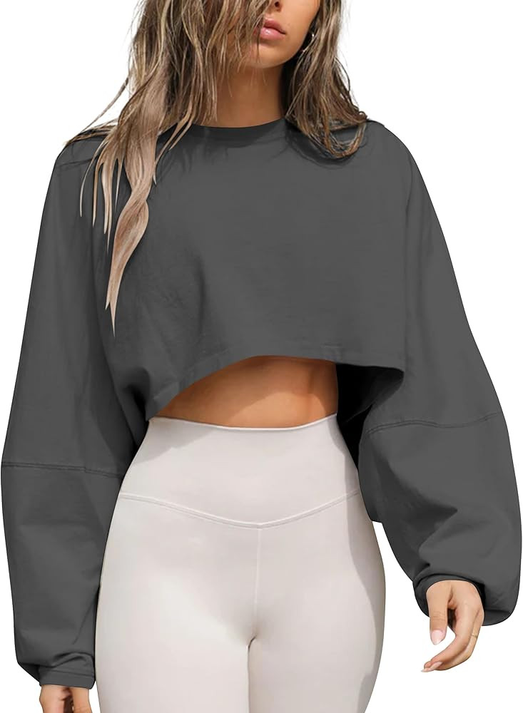 BAIGRAM Women’s Oversized Crop Long Sleeve T Shirt Slouchy Crew Neck Drop Shoulder Tee Workout ... | Amazon (US)