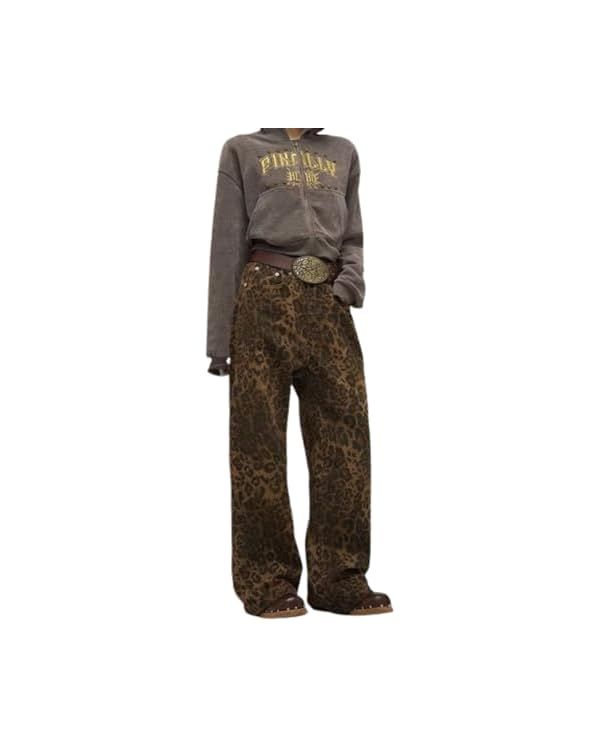 IDEWO Leopard Jeans Leopard Print Jeans Baggy Jeans Grunge Pants Streetwear Pants Straight Leg Pa... | Amazon (US)