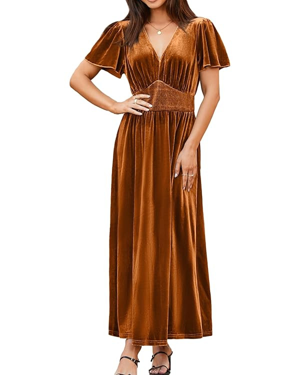 Simplee Women's Short Sleeve Velvet Maxi Dress V Neck Empire Waist Long Formal Wedding Guest Dres... | Amazon (US)