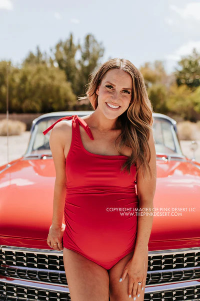 PINK DESERT RUCHED ONE SHOULDER ONE PIECE SWIMSUIT IN CHERRY RED | Pink Desert