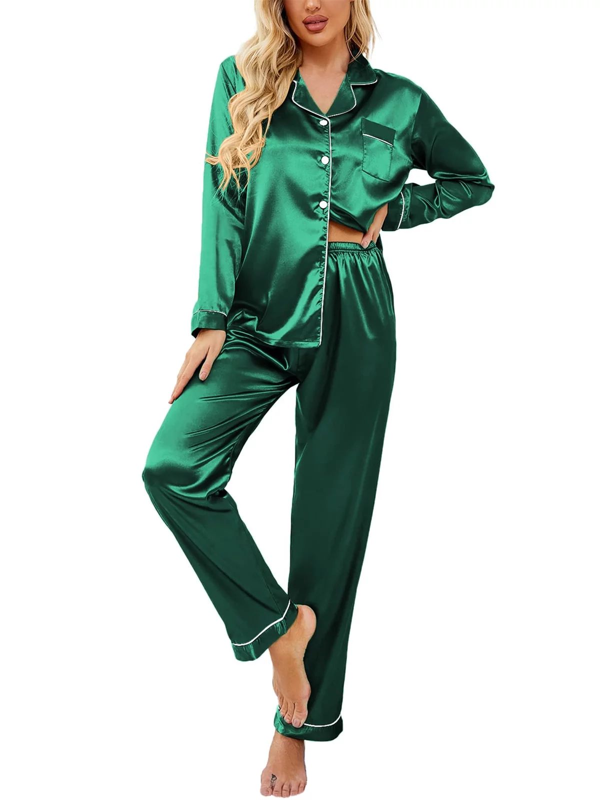 DAKIMOE Sleepwear Womens Silky Satin Pajamas Set Long Sleeve Nightwear Loungewear, Green, XL | Walmart (US)