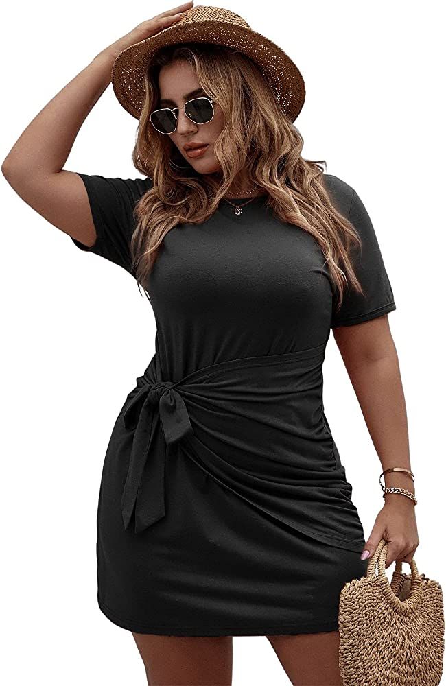 Romwe Women's Plus Size Short Sleeve Tie Knot Front Solid Summer T Shirt Dress | Amazon (US)