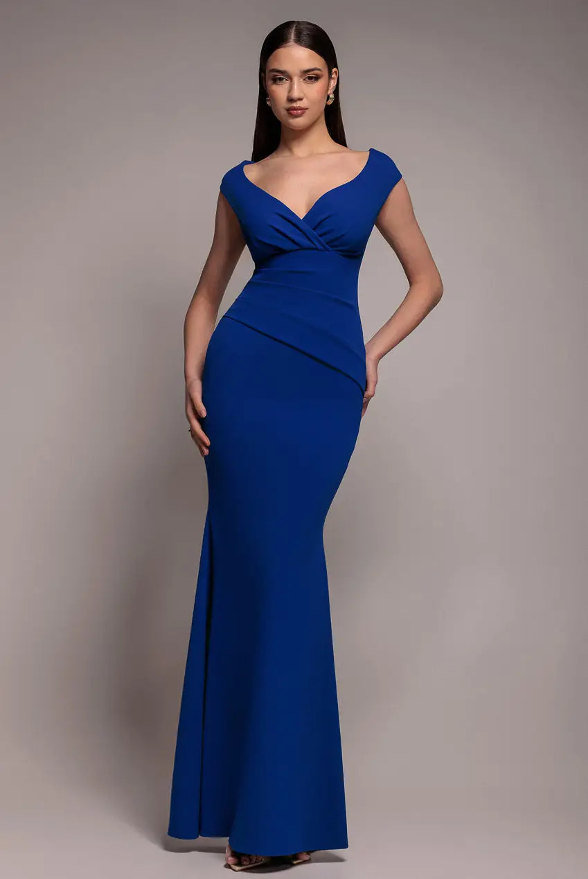 Blue Goddiva Bardot Pleated Maxi Dress | Boohoo | Boohoo.com (UK & IE)
