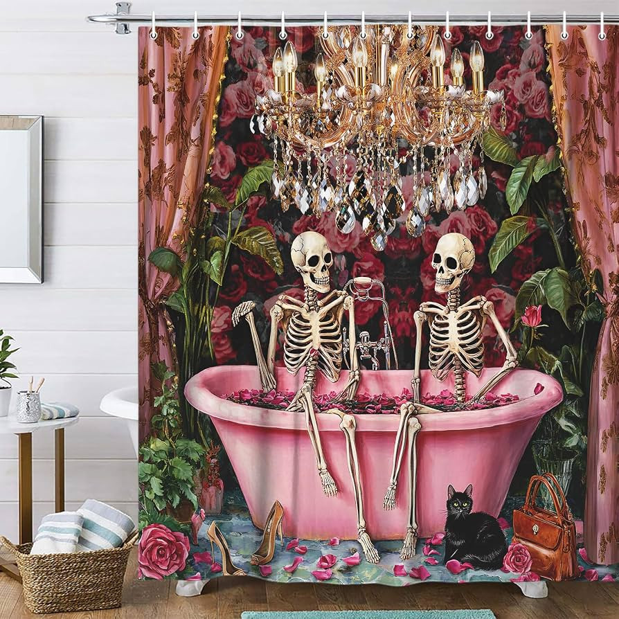 Halloween Spooky Shower Curtain, Funny Gothic Witchy Skull Black Rose Floral Shower Curtain Set, ... | Amazon (US)