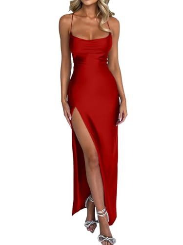 Memoriesea Women's Sexy Spaghetti Strap Bodycon Cowl Neck Party Cocktail Maxi Dress Red | Amazon (US)