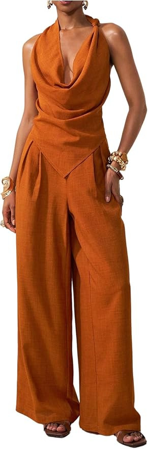 Milumia Women's 2 Piece Outfits Ruffle Backless Halter Top and Wide Leg Pants Vacation Going Out ... | Amazon (US)