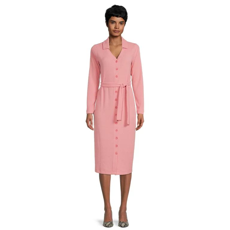 Time and Tru Women's Button Front Knit Midi Dress with Long Sleeves | Walmart (US)