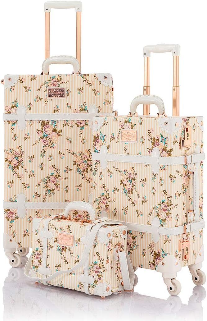 COTRUNKAGE Vintage Luggage Set 3 Piece Cute Travel Suitcase for Women with Cosmetic Case, Beige F... | Amazon (US)