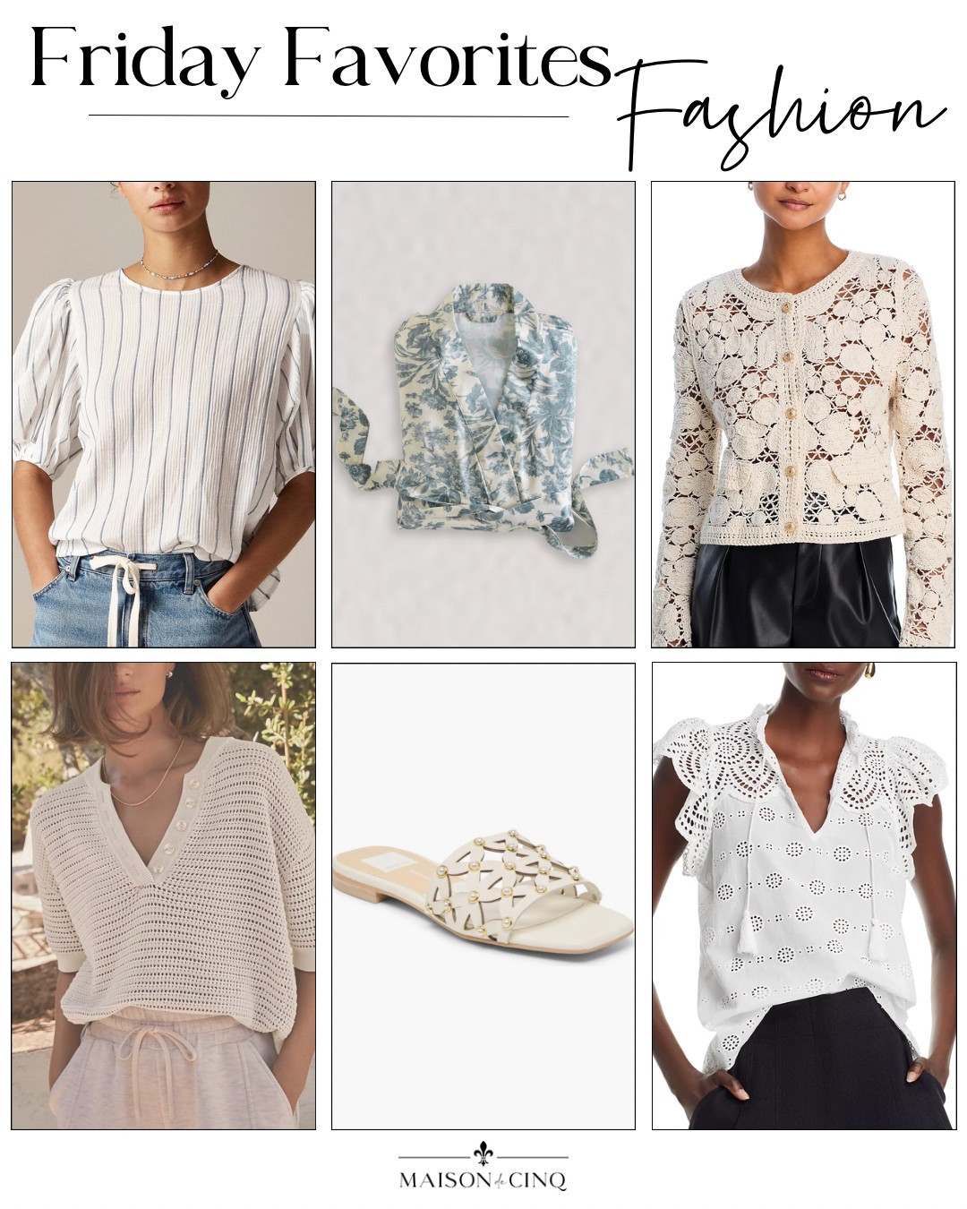 So many cute finds for Friday Favorites this week like pretty crocheted sweaters, flowy tops, chic slides, and more!

Spring fashion, summer fashion, summer outfit, date night outfit, sandals, white top 

#LTKSummerEdit #LTKOver40 #LTKSeasonal