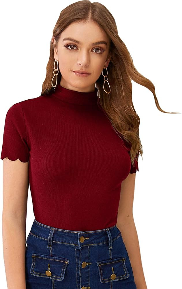 SweatyRocks Women's Mock Neck Ribbed Knit Scallop Short Sleeve T Shirt Tops | Amazon (US)