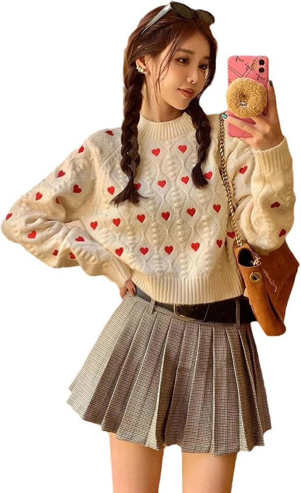 Women Cute Valentine Heart Graphic Jumper V-Neck Embroidery Knitted Loose Pullover Sweater Tops | Amazon (US)