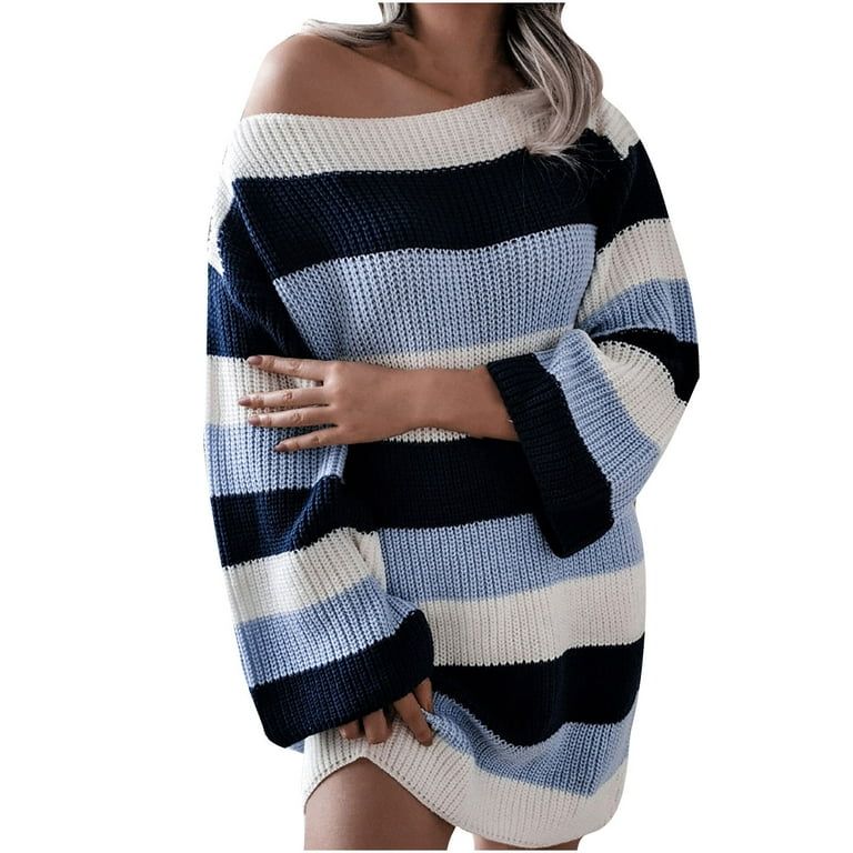 Women Fashion Casual Strapless Contrast Striped Knitted Sweater Dress Ladies Fashion Casual One-L... | Walmart (US)