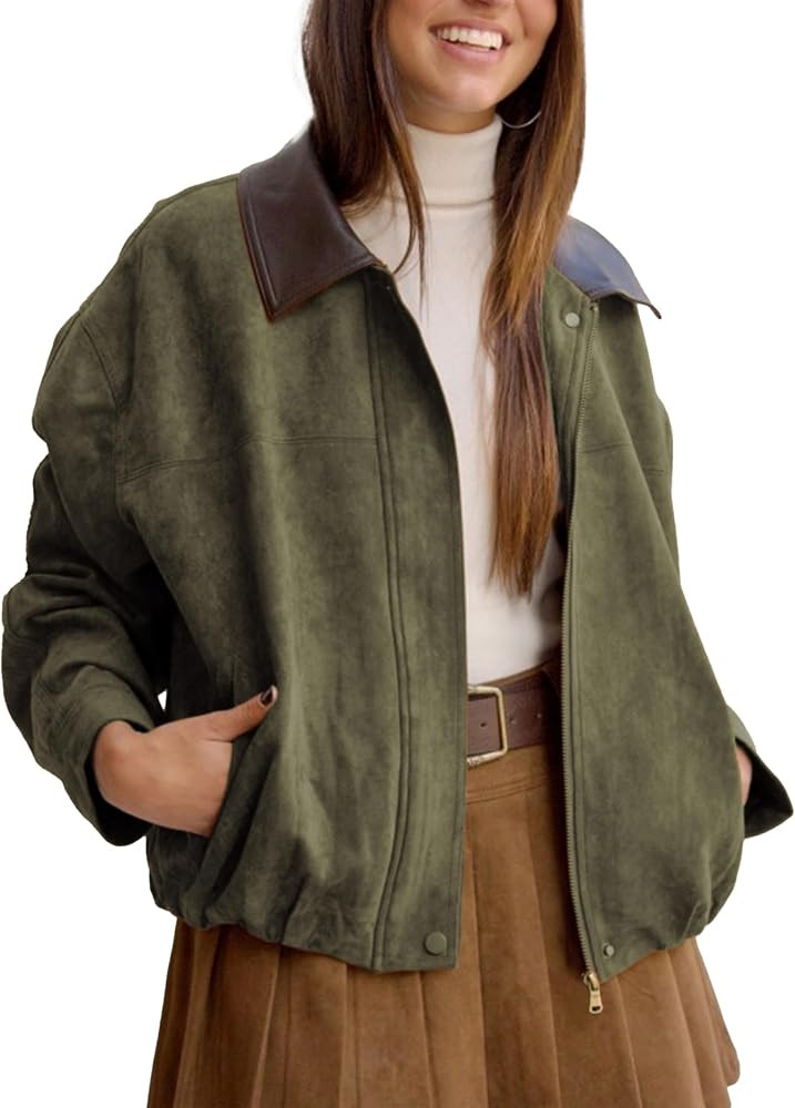 Womens Faux Suede Bomber Jacket Casual Lapel Pilot Cropped Jackets Oversized Motorcycle Zip Up Ou... | Amazon (US)