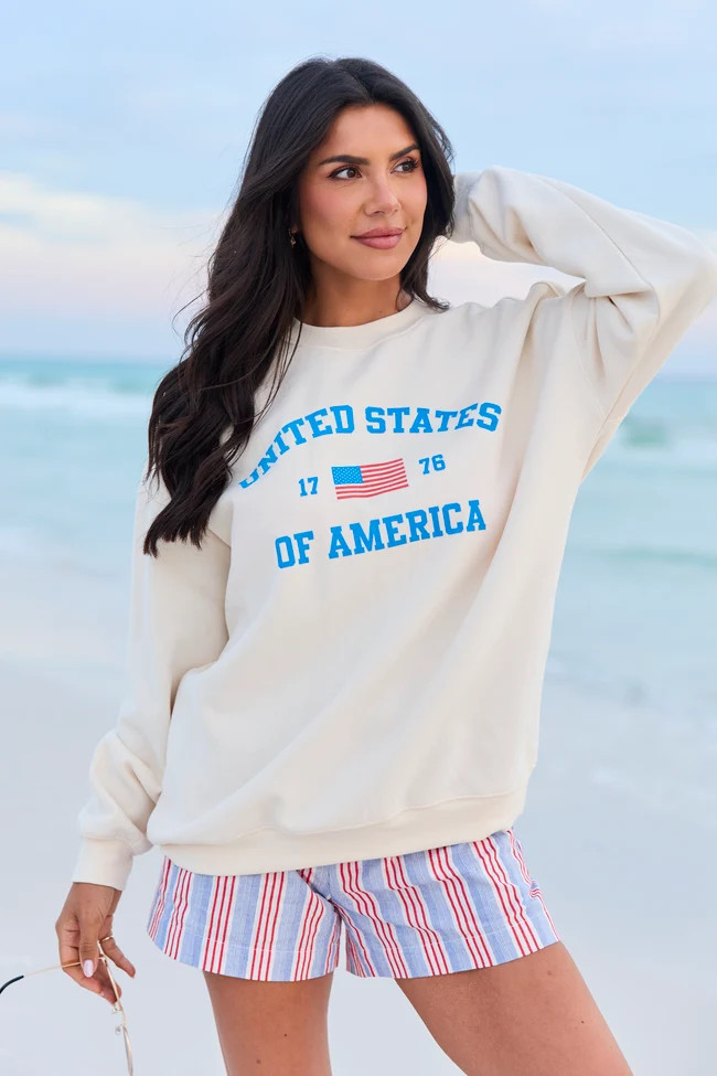 Classic USA Flag Cream Graphic Sweatshirt | Pink Lily