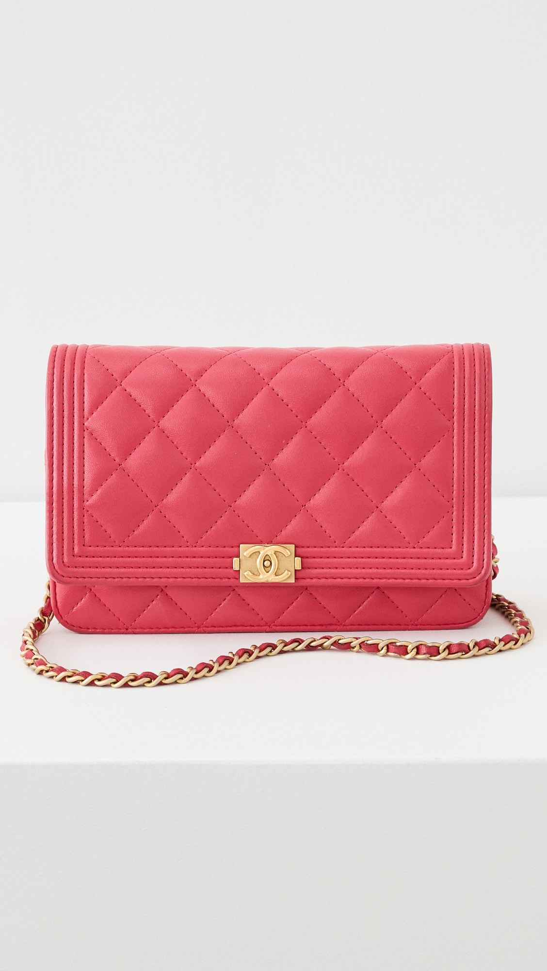 What Goes Around Comes Around Chanel Pink Lambskin Boy Wallet On Chain | Shopbop | Shopbop
