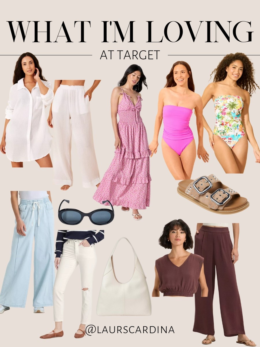 Here are the things I’m loving at Target: A gauze button up and wide leg pants, a floral sundress, a pink one-piece strapless bathing suit, a floral strapless bathing suit, wide leg denim pants, white skinny jeans, sunglasses, slide sandals, a white tote bag, and a v-neck and wide leg pant set.

Target finds, target fashion, ootd, summer outfit, casual outfit idea

#LTKFindsUnder50 #LTKShoeCrush
